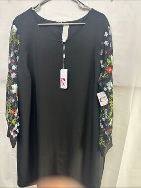 Black Long-Sleeve Dress with Embroidered Floral Mesh Sleeves